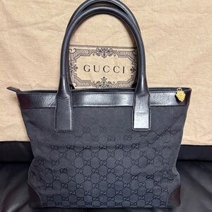 Gucci Black GG Monogram Canvas Tote with Leather Trim and Dusty